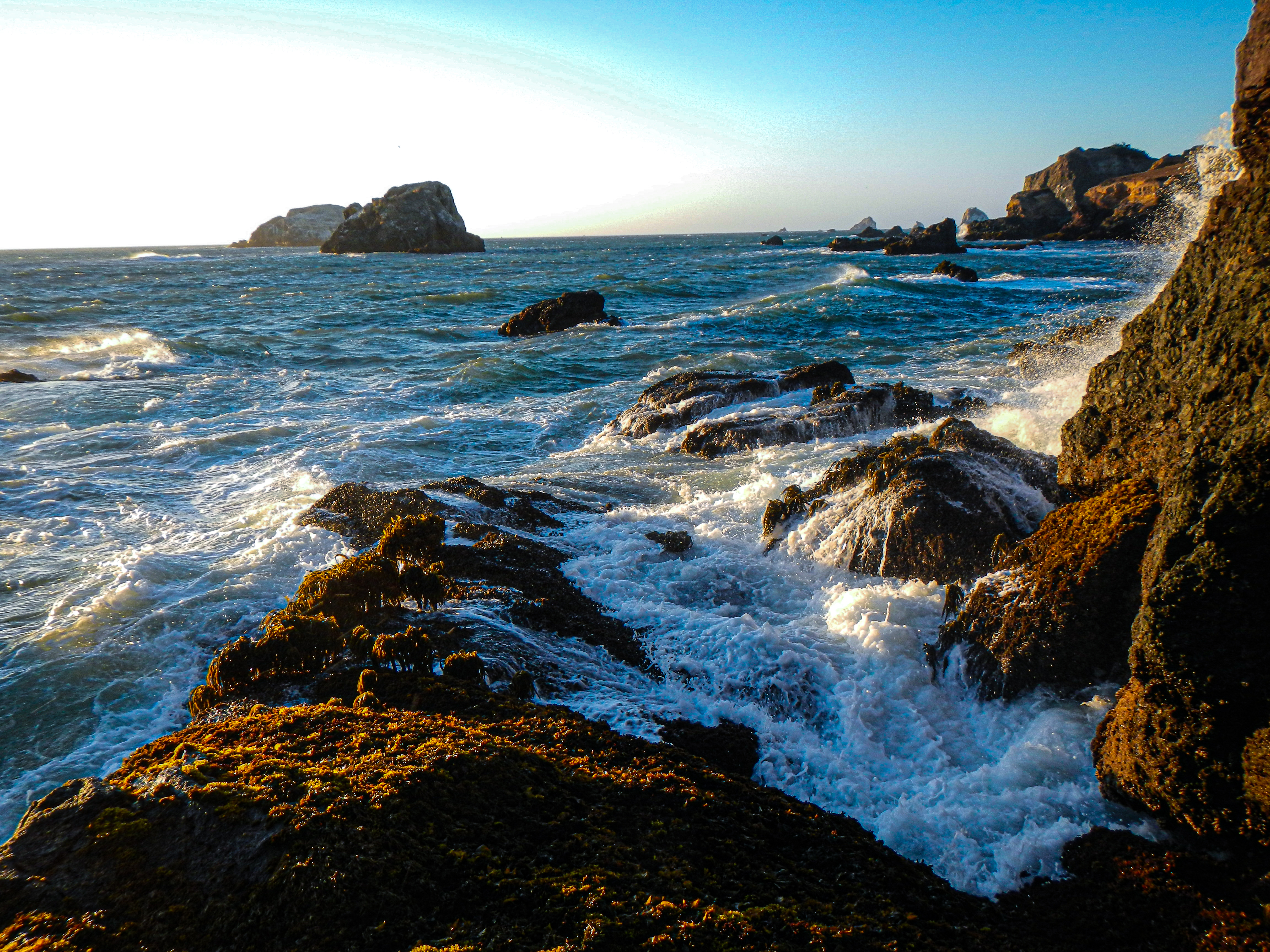 A rocky coastline with evening light and foamy waves splashing against the stones.