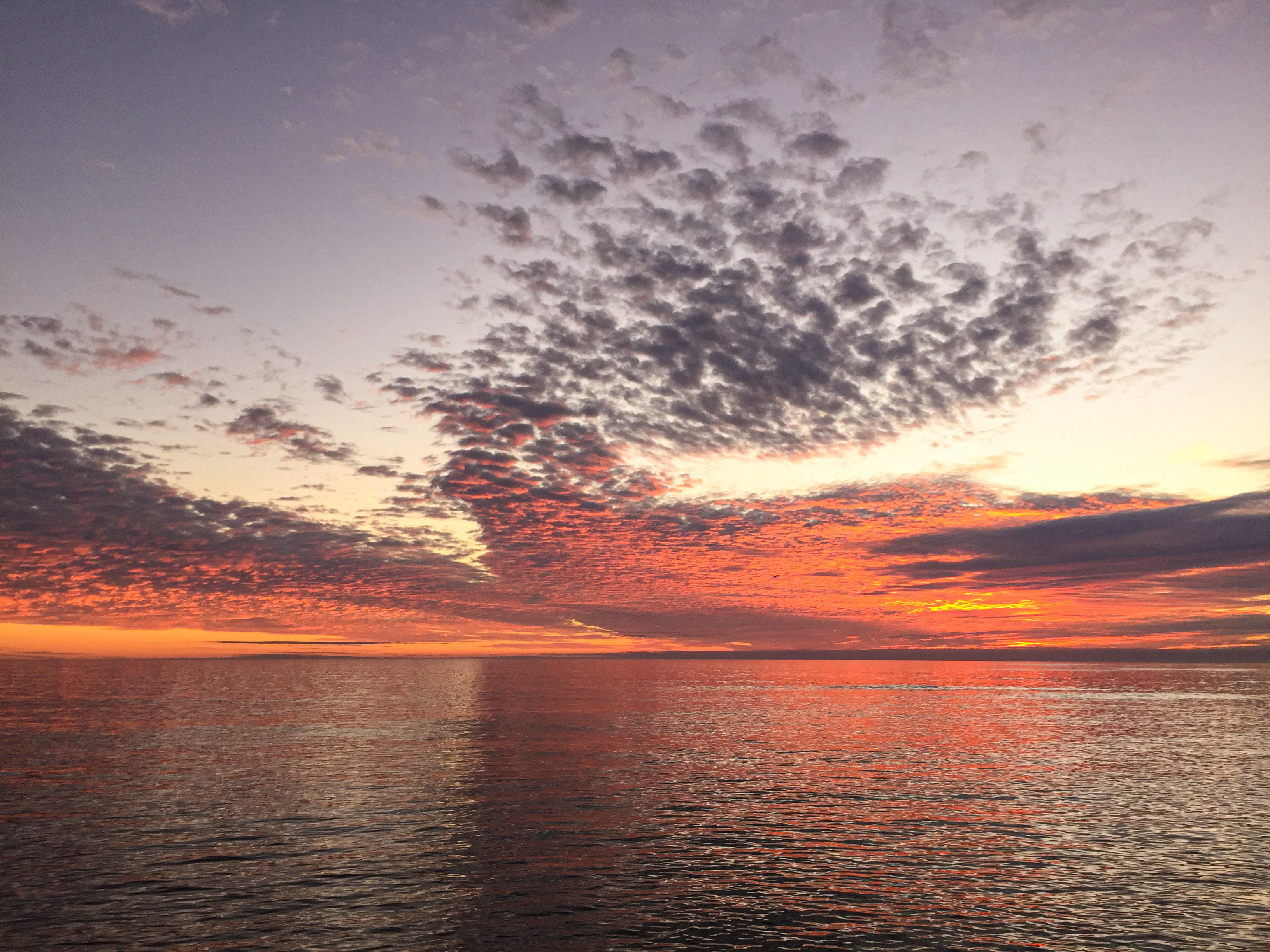 Glowing pink clouds and ocean at sunset.