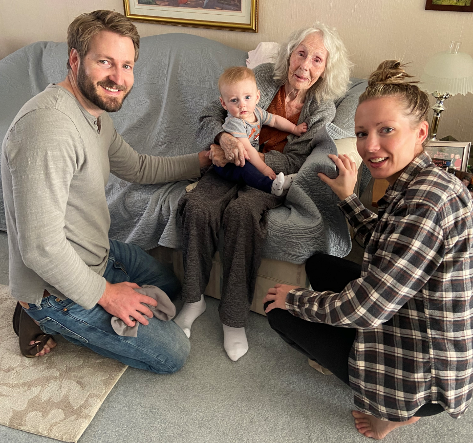 Owen, Katie, and Jeff with Great Grandma Miles