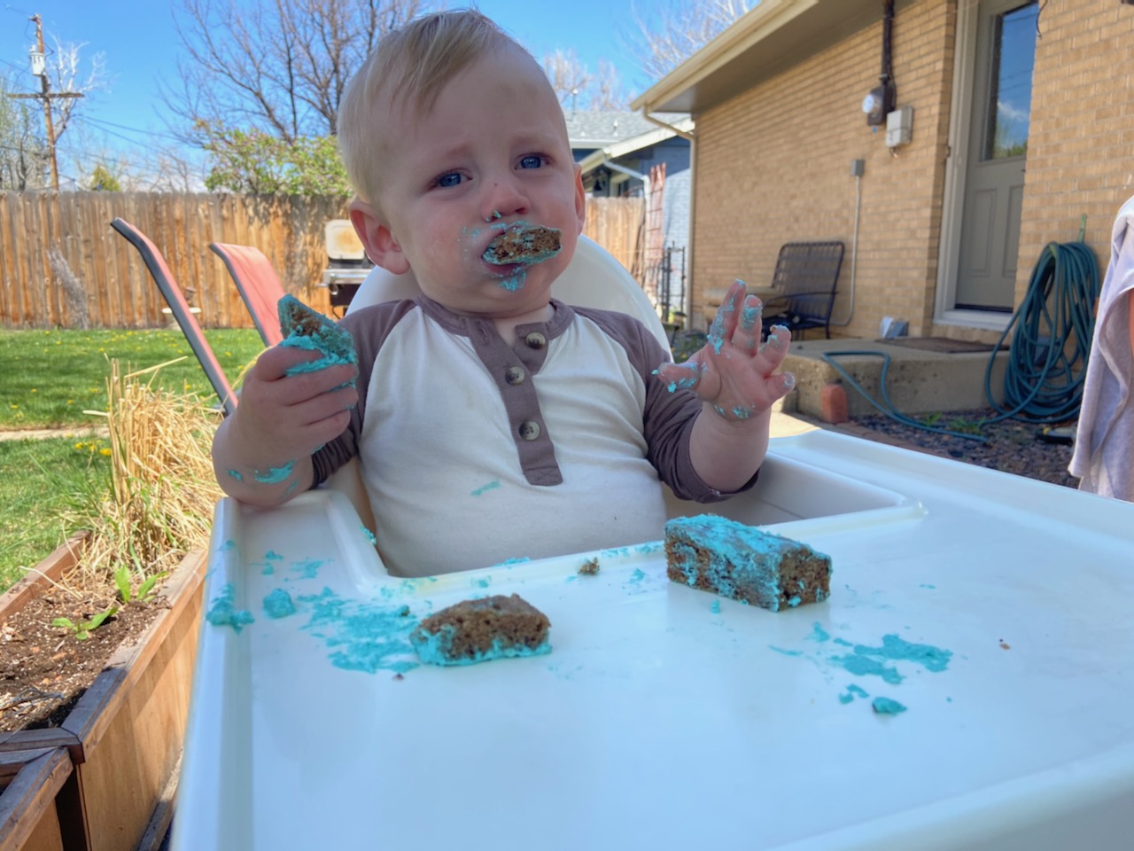 Owen eats cake on his birthday.