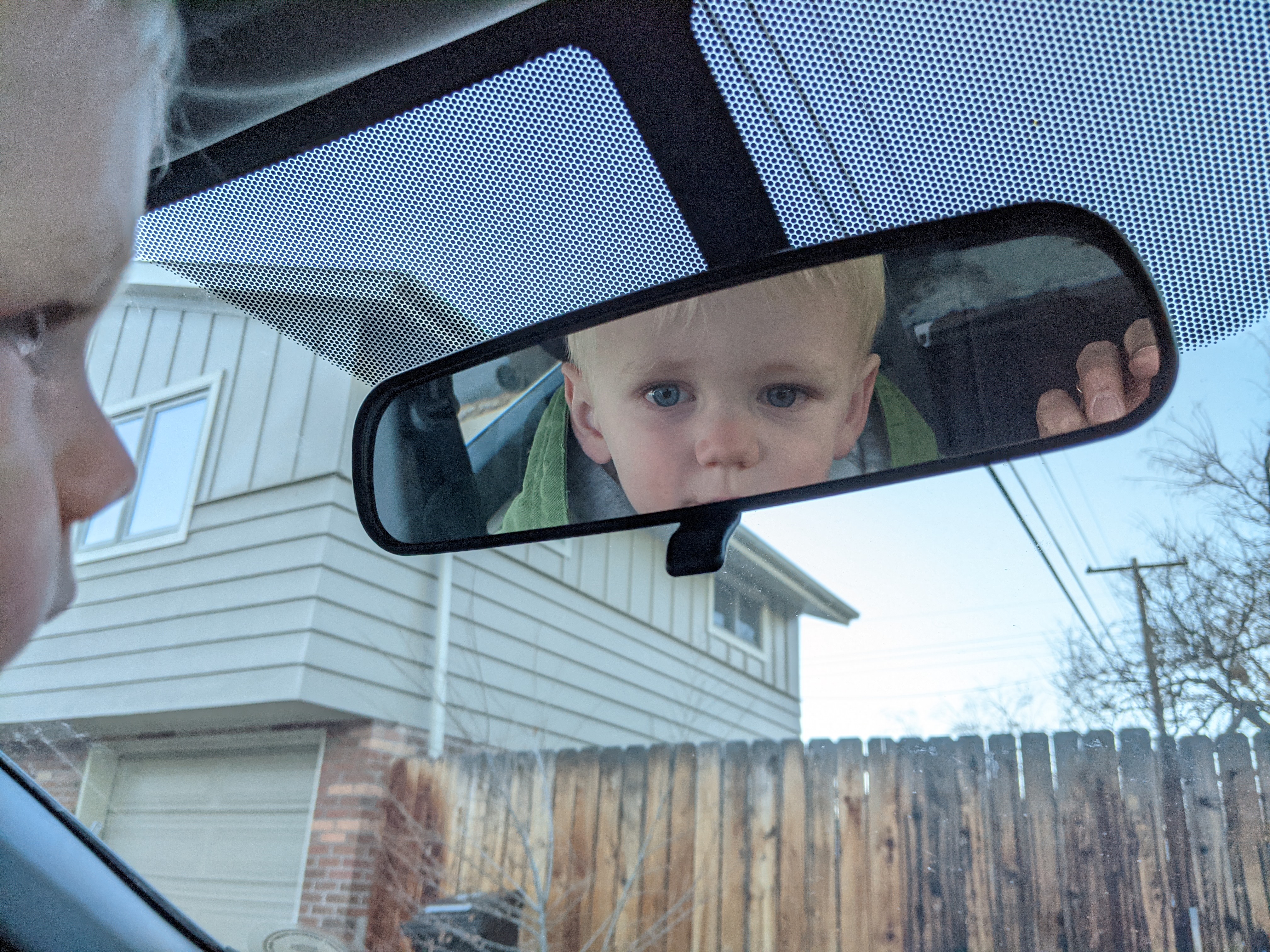 Owen in the rearview mirror.